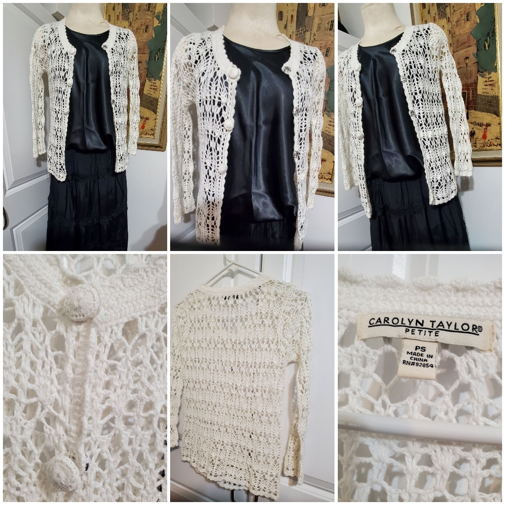 Carolyn Taylor Crochet Long Sleeve Ivory Cover Up Open Front  Beach  Sweater- PS
